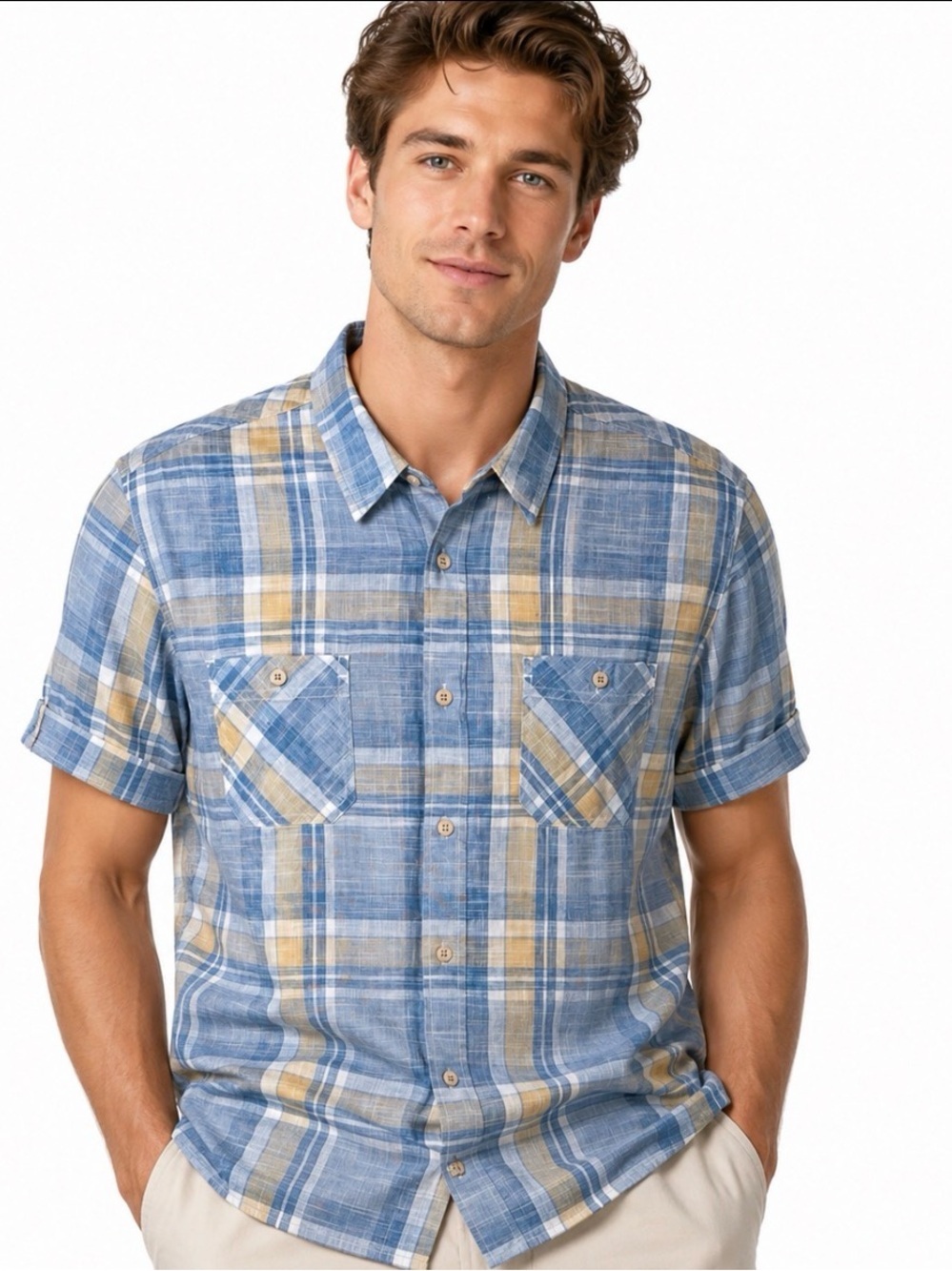 Weatherproof Vintage Casual Men’s Plaid Button Down Short Sleeve Shirt Size L
